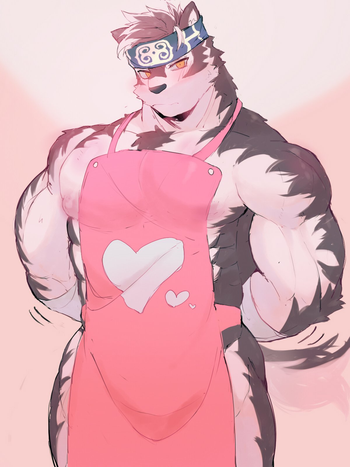 3:4 accessory anthro apron apron_only biceps blush canid canine canis clothing fur grey_body grey_fur headband hi_res horkeukamui kd_gai male mammal mostly_nude multicolored_body multicolored_fur muscular muscular_anthro muscular_male pecs solo tokyo_afterschool_summoners two_tone_body two_tone_fur video_games wolf yellow_eyes