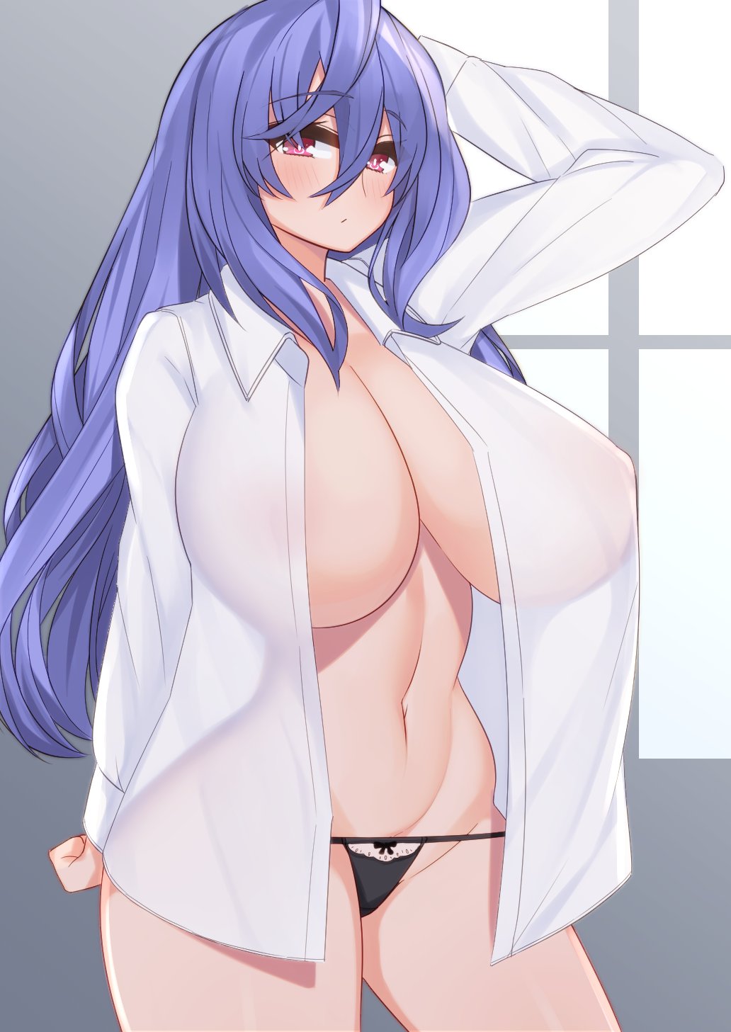 1girl alternate_breast_size blue_hair blush breasts dura eyebrows_visible_through_hair highres huge_breasts iris_heart kami_jigen_game_neptune_v long_hair looking_at_viewer navel neptune_(series) open_clothes open_shirt power_symbol red_eyes shirt solo symbol-shaped_pupils very_long_hair white_shirt