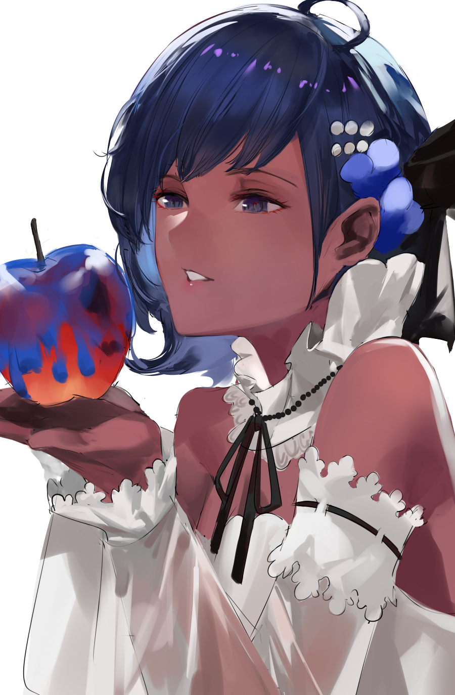 1girl apple bangs bare_shoulders blazpu breasts dark_skin dark_skinned_female detached_collar detached_sleeves dress fate/grand_order fate/prototype fate/prototype:_fragments_of_blue_and_silver fate_(series) food fruit hair_ornament hassan_of_serenity_(fate) highres medium_breasts parted_lips purple_eyes purple_hair short_hair white_dress