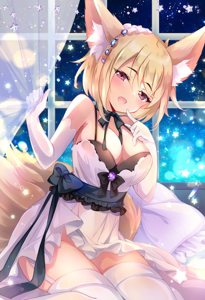 1girl :d animal_ear_fluff animal_ears bangs bare_shoulders black_bow blush bow breasts brown_eyes cleavage commentary_request curtain_grab curtains dress elbow_gloves eyebrows_visible_through_hair fang fox_ears fox_girl fox_tail garter_straps gloves hair_between_eyes half-closed_eyes hands_up ichiyou_moka light_brown_hair medium_breasts open_mouth original sleeveless sleeveless_dress smile solo tail thighhighs transparent white_dress white_gloves white_legwear window