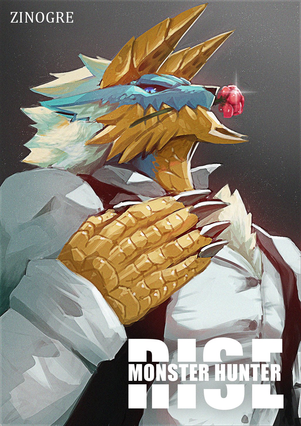 2021 agitype01 anthro blue_body blue_eyes blue_scales capcom chest_tuft clothing fanged_wyvern flower flower_in_mouth fur hi_res looking_at_viewer male monster_hunter plant rose_(disambiguation) rose_(flower) rose_in_mouth scales shirt simple_background solo topwear tuft video_games white_body white_fur yellow_body yellow_scales zinogre