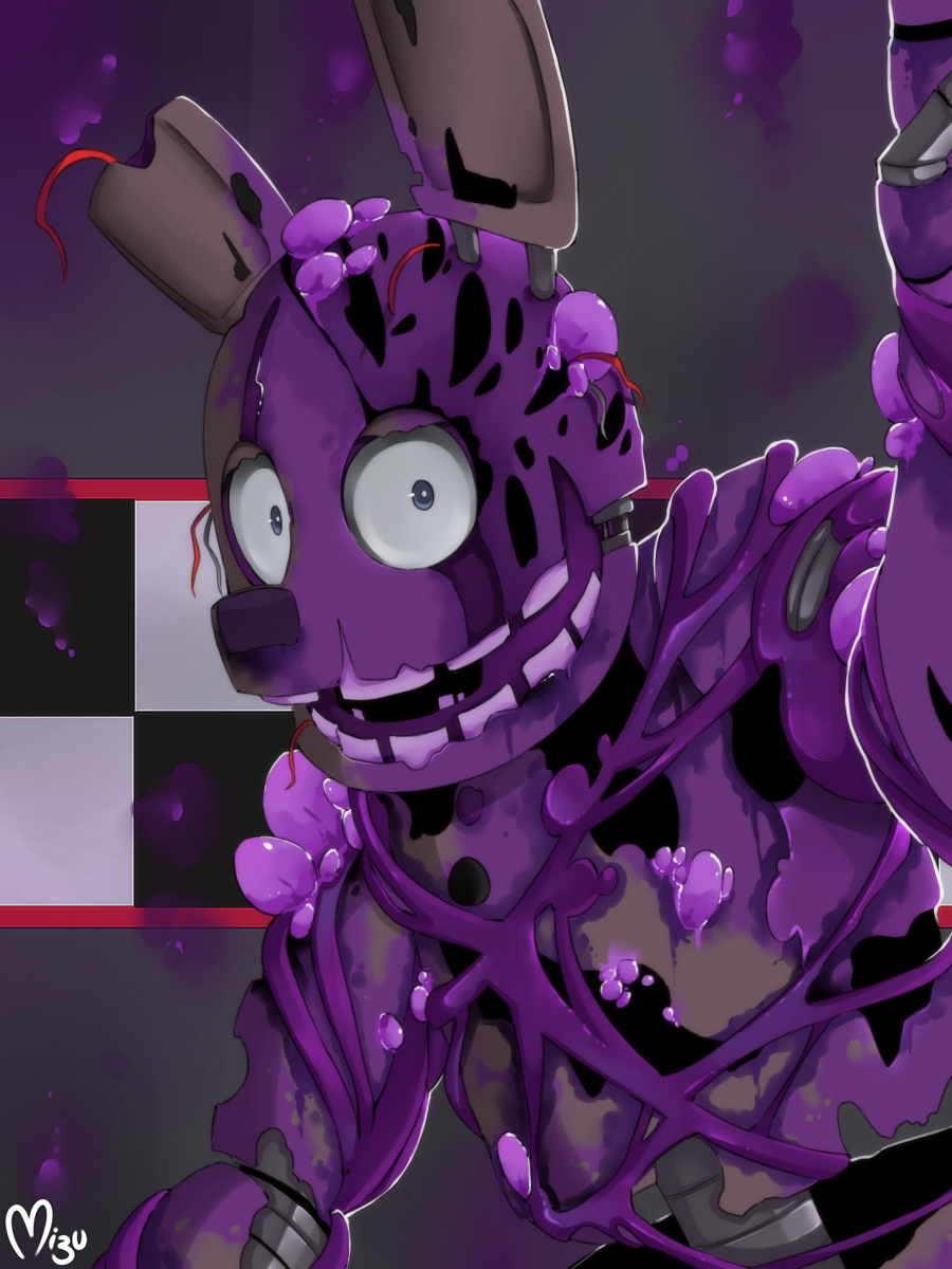 2020 animatronic anthro blazemizu blue_eyes checkered_wall close-up dilated_pupils endoskeleton exposed_endoskeleton five_nights_at_freddy's five_nights_at_freddy's_3 five_nights_at_freddy's_ar hi_res lagomorph leporid long_ears looking_at_viewer machine male mammal metal metallic metallic_body notched_ear o_o open_mouth portrait purple_body purple_nose rabbit raised_arm restaurant robot solo springtrap_(fnaf) teeth torn_arm torn_body torn_face toxic_springtrap_(fnaf) toxic_waste video_games wide_eyed wire
