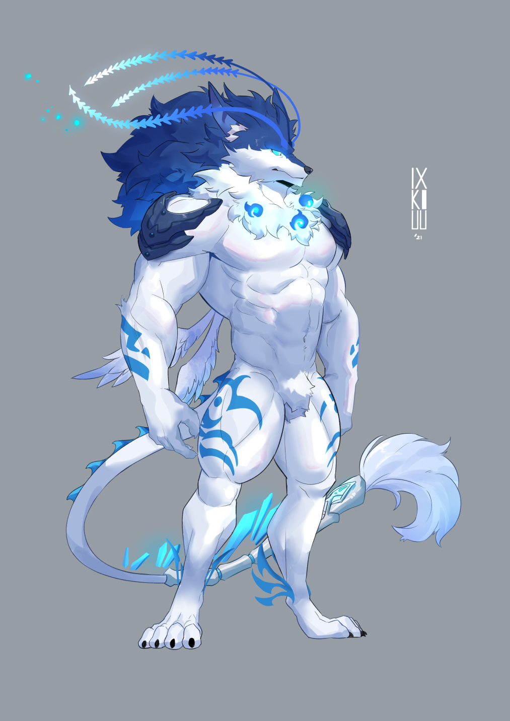 2021 abs andrius_(genshin_impact) anthro blue_body blue_fur canid canine canis digital_media_(artwork) fur genshin_impact hair hi_res ixkouu male mammal multicolored_body multicolored_fur muscular muscular_anthro muscular_male pecs simple_background solo two_tone_body two_tone_fur video_games white_body white_fur white_hair wolf