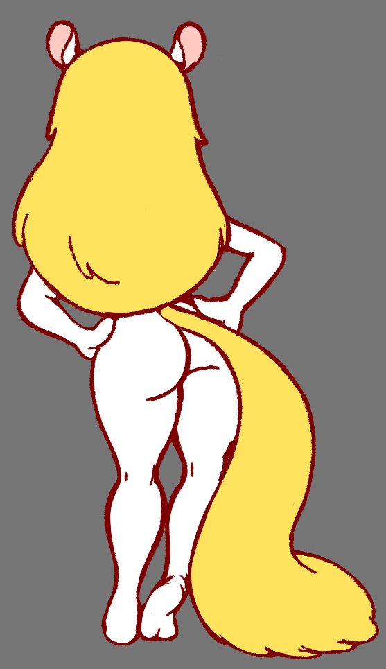 2020 animaniacs anthro blonde_hair butt chipposter faceless_female female full-length_portrait grey_background hair hands_on_hips mammal minerva_mink mink mustelid musteline nude portrait rear_view simple_background solo standing true_musteline warner_brothers white_body yellow_tail