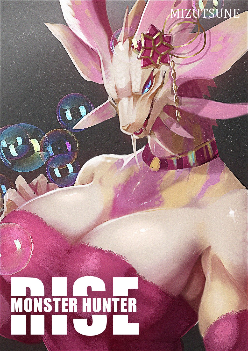 agitype01 anthro big_breasts blue_eyes breasts bubble capcom cleavage clothed clothing collar english_text female fin head_fin hi_res leviathan_(mh) mizutsune monster_hunter non-mammal_breasts pink_body pink_scales scales scalie shoulderless_dress simple_background solo text video_games white_body white_scales