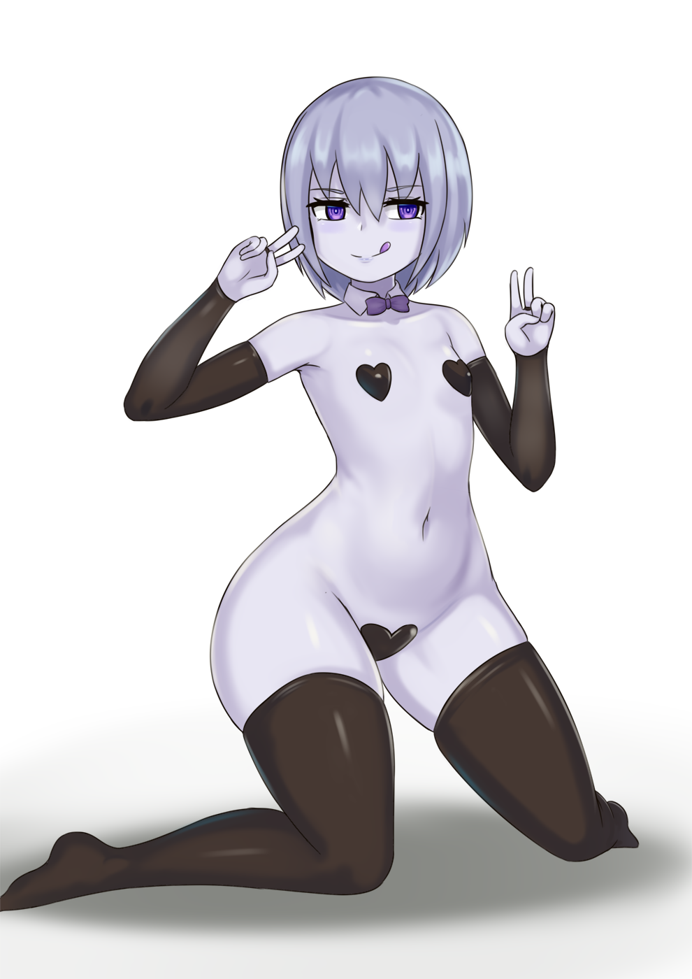1girl :q alternate_breast_size black_legwear bow bowtie breasts bridal_gauntlets colored_skin detached_collar double_v grey_hair grey_skin heart_maebari heart_pasties highres kneeling lich_(monster_girl_encyclopedia) licking_lips monster_girl_encyclopedia nav navel pasties purple_eyes short_hair small_breasts solo thick_thighs thighhighs thighs tongue tongue_out v wide_hips