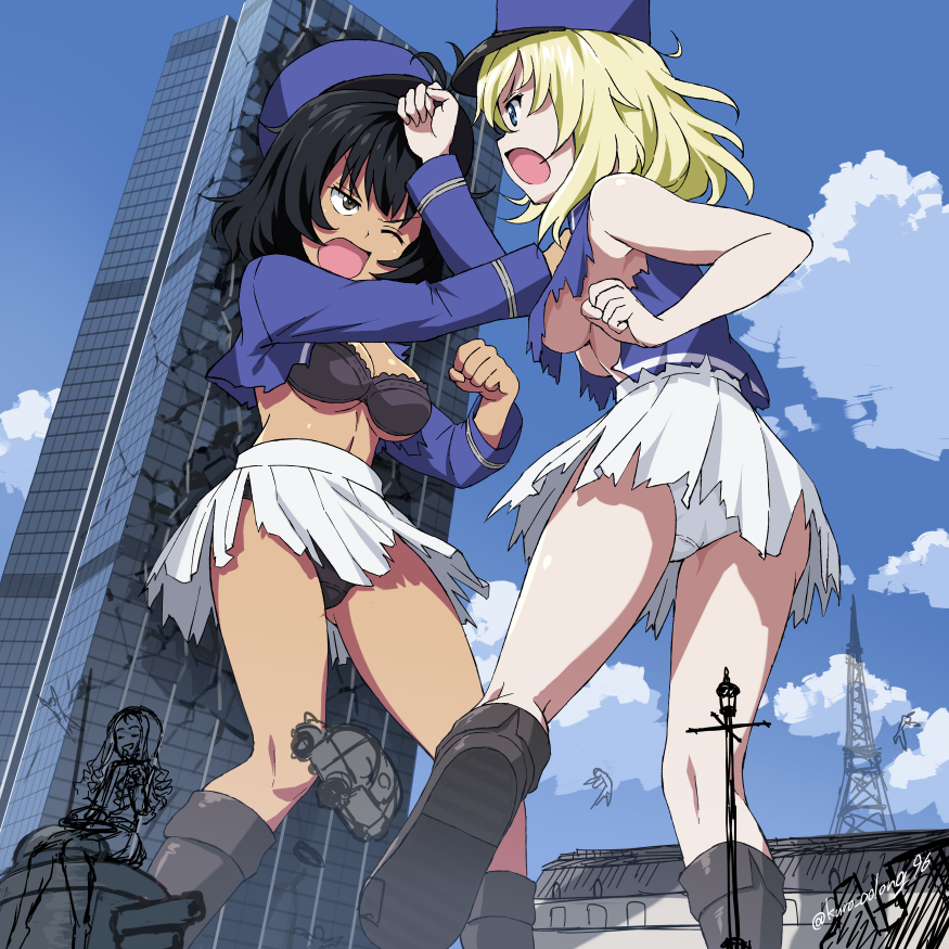 3girls andou_(girls_und_panzer) bangs bc_freedom_military_uniform black_bra black_hair black_panties blonde_hair blue_eyes blue_headwear blue_jacket blue_sky bra breasts brown_eyes building car cleavage clenched_hand cloud cloudy_sky crotch_seam dark_skin day fighting frown ft-17 giant giantess girls_und_panzer ground_vehicle hair_pull hat jacket kepi kuro_oolong long_sleeves looking_at_another marie_(girls_und_panzer) medium_breasts medium_hair messy_hair military military_hat military_uniform miniskirt motor_vehicle multiple_girls navel one_eye_closed open_mouth oshida_(girls_und_panzer) outdoors panties pleated_skirt punching sitting skirt sky standing standing_on_one_leg torn_clothes torn_jacket torn_skirt twitter_username underboob underwear uniform white_panties white_skirt work_in_progress