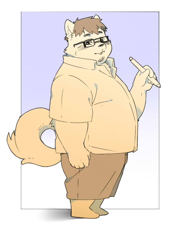 2021 anthro belly big_belly bottomwear canid canine canis clothing domestic_dog eyewear glasses humanoid_hands inunoshippo kemono male mammal overweight overweight_anthro overweight_male shirt shorts simple_background solo topwear