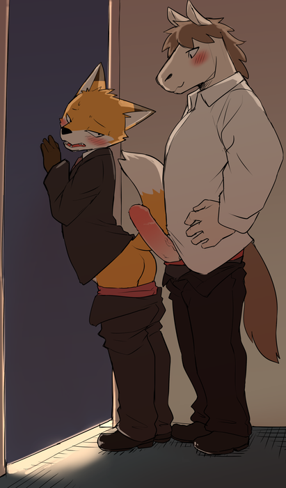 2018 age_difference anthro arched_back blush butt canid canine clothed clothing digital_media_(artwork) duo edit equid equine erection fox genitals horse imminent_anal imminent_sex junior_horse looking_back male male/male mammal manmosu_marimo open_mouth pants_down partially_clothed penis presenting presenting_hindquarters senior_fox standing uncensored