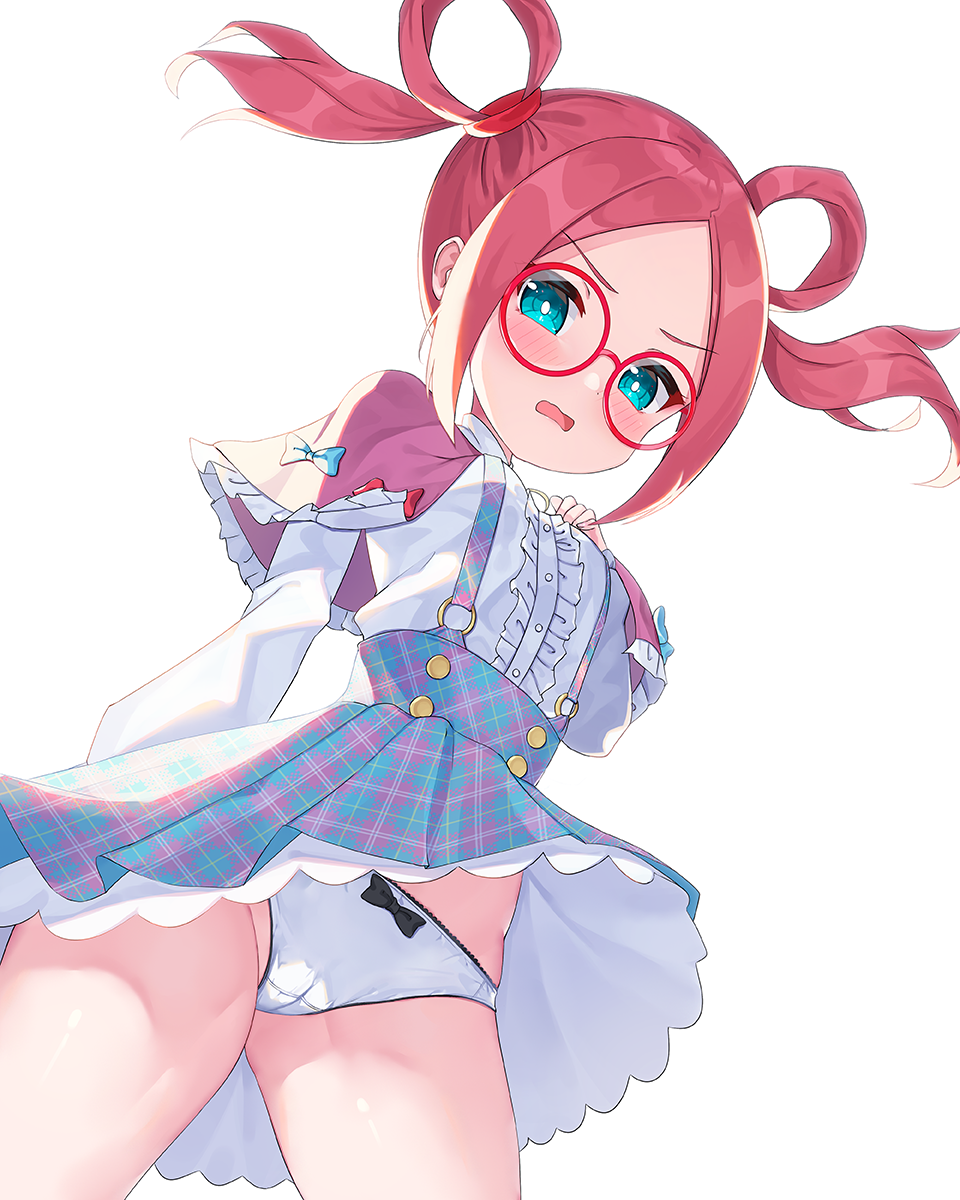 1girl 2drr blue_eyes blue_skirt blush bow bow_panties breasts cameltoe capelet center_frills commentary_request frilled_capelet frills from_below glasses hair_rings hand_up highres long_sleeves looking_at_viewer looking_down open_mouth original panties pink_capelet plaid plaid_skirt pleated_skirt red-framed_eyewear red_hair round_eyewear shirt simple_background skirt small_breasts solo suspender_skirt suspenders twintails underwear wavy_mouth white_background white_panties white_shirt wind wind_lift