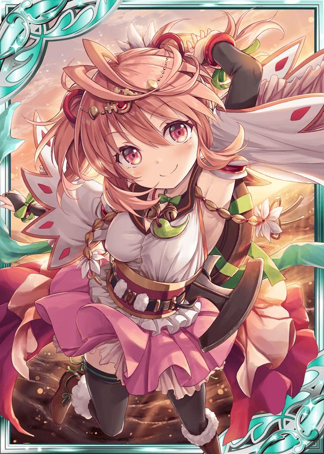 1girl akkijin armpits bell black_gloves boots breasts brown_hair fingerless_gloves frilled_skirt frills gloves green_ribbon hair_ornament japanese_clothes jewelry jingle_bell looking_at_viewer medium_breasts necklace official_art pink_skirt red_eyes ribbon shinkai_no_valkyrie short_hair skirt sunset tagirihime_(shinkai_no_valkyrie) thighhighs