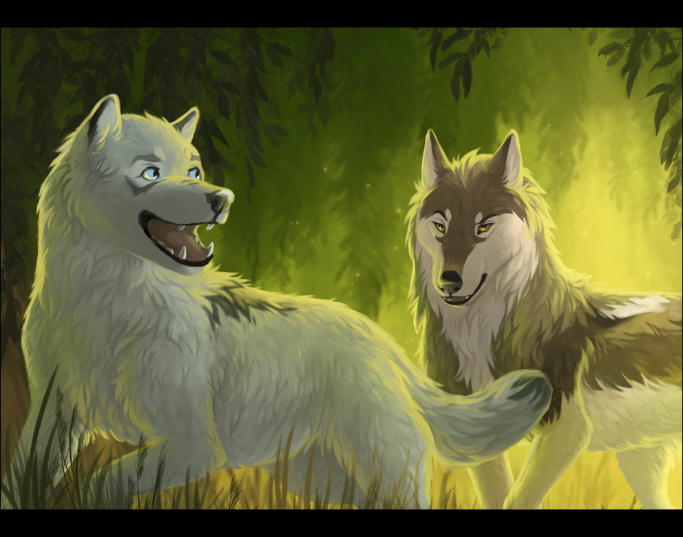 black_bars black_lips blue_eyes brown_body brown_fur canid canine canis day detailed_background forest fur grass lips mammal oneminutesketch open_mouth outside plant smile teeth tongue tree white_body white_fur wolf yellow_eyes