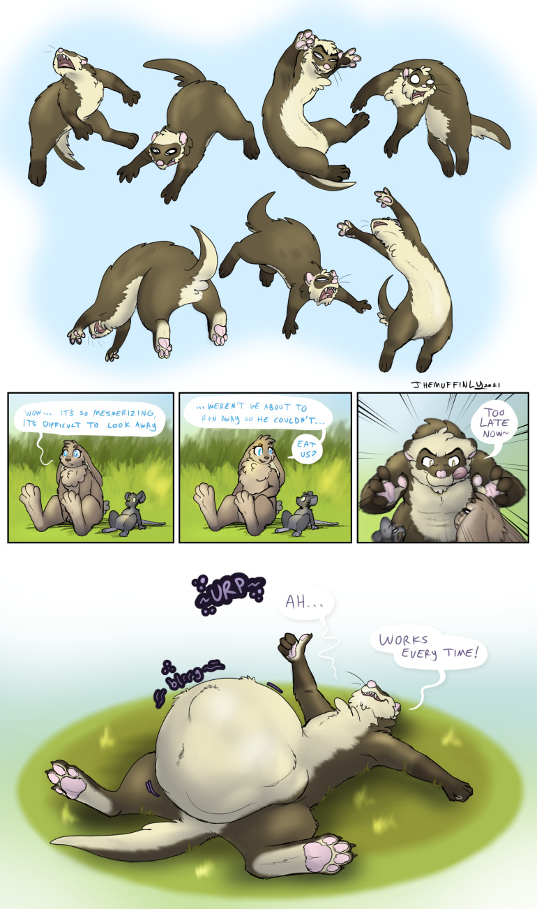 2021 anthro belly big_belly comic dancing domestic_ferret english_text female gesture hi_res lagomorph leporid male mammal mouse muffin_(themuffinly) murid murine mustela mustelid musteline rabbit rodent text themuffinly thumbs_up true_musteline vore
