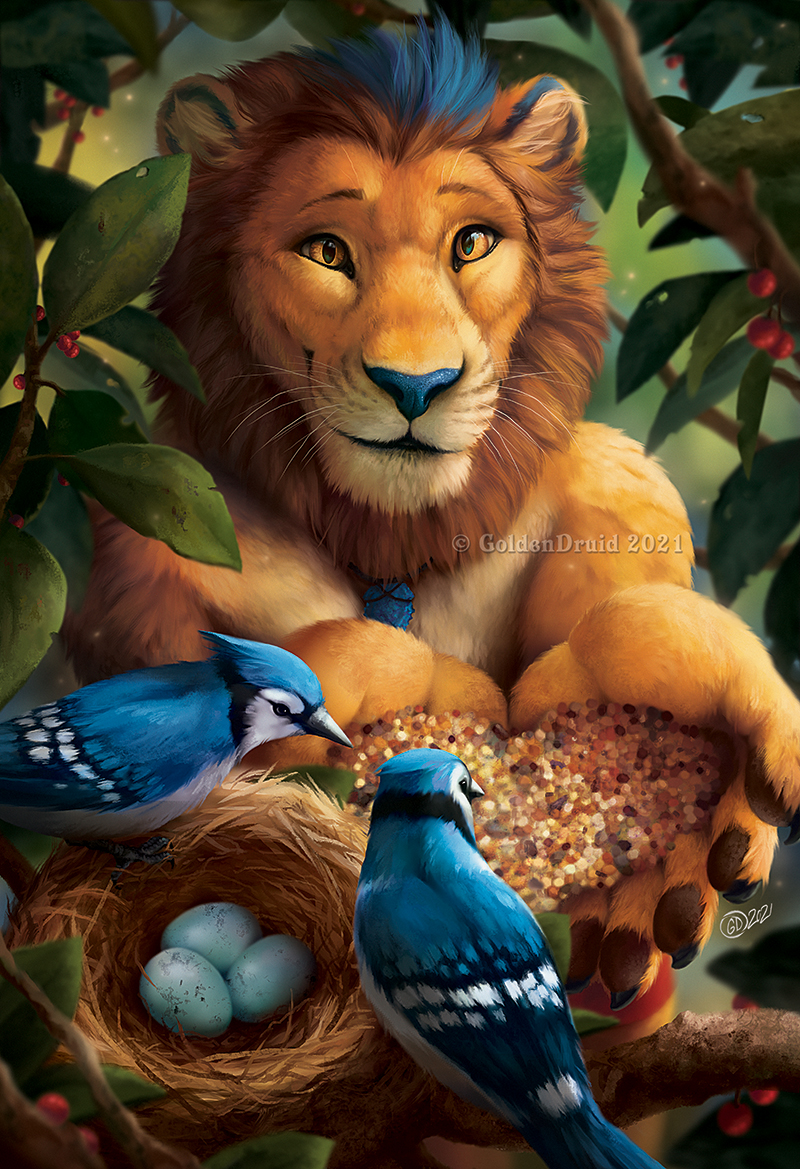 2021 ambiguous_gender avian bird blue_body blue_feathers blue_jay blue_nose corvid dated day detailed_background digital_media_(artwork) feathered_wings feathers felid feral goldendruid group jay_(bird) lion male mammal new_world_jay oscine outside pantherine passerine smile trio whiskers wings