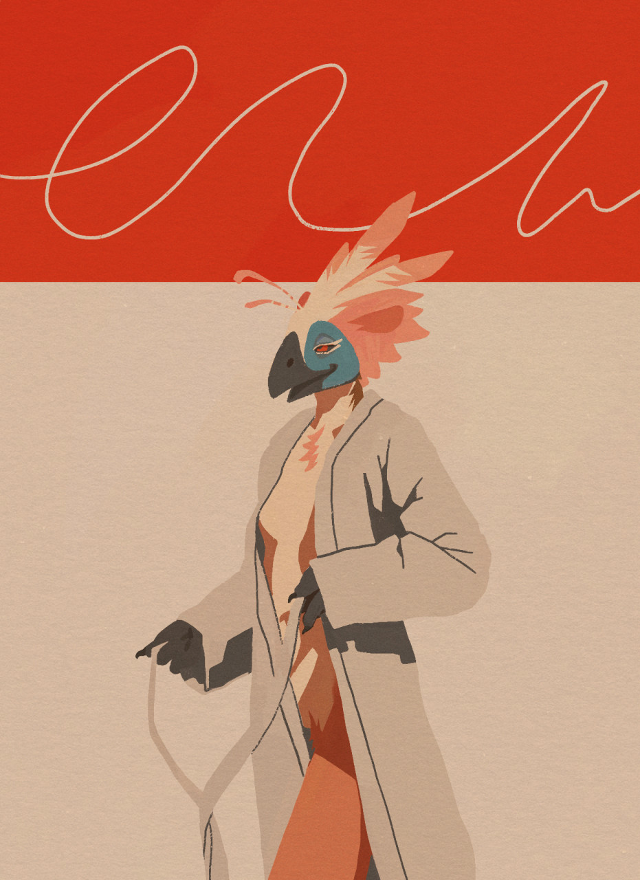 2021 anthro avian beak bottomless clothed clothing copperroach covered_nipples feather_hair feathers female fingers frankie_(copperroach) fur gryphon hi_res mythological_avian mythology open_clothing open_robe orange_body partially_clothed pseudo_hair red_eyes robe smile solo walking white_clothing