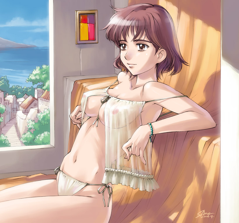 bare_shoulders bob_cut breasts brown_eyes brown_hair camisole dated kadokura_chisato lingerie medium_breasts nipples noel_la_neige pajamas panties sameha_ikuya see-through short_hair side-tie_panties signature smile solo underboob underwear white_camisole white_panties