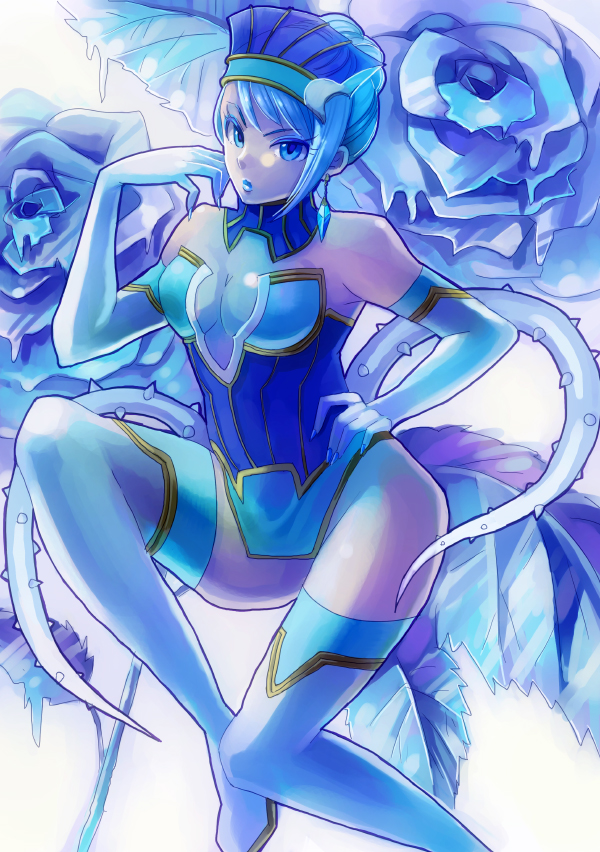 1girl blue_flower blue_hair blue_leotard blue_rose blue_rose_(tiger_&amp;_bunny) boots crystal_earrings earrings elbow_gloves flower gloves hand_on_hip headgear jewelry karina_lyle leotard lips lipstick makeup mikan_(aquacomet) power_suit rose simple_background solo superhero thigh_boots thighhighs tied_hair tiger_&amp;_bunny transparent_breasts_pads white_background white_footwear white_gloves