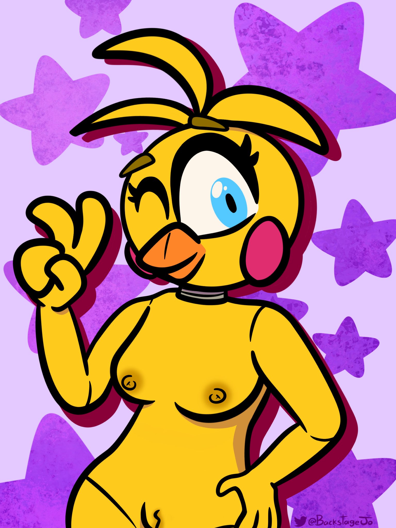anthro avian beak big_breasts big_eyes bird blue_eyes breasts chicken clothing female five_nights_at_freddy's five_nights_at_freddy's_2 fur galliform gallus_(genus) genitals hi_res juan_jo non-mammal_breasts nude phasianid pussy simple_background simple_eyes solo toy_chica_(fnaf) video_games yellow_body yellow_fur