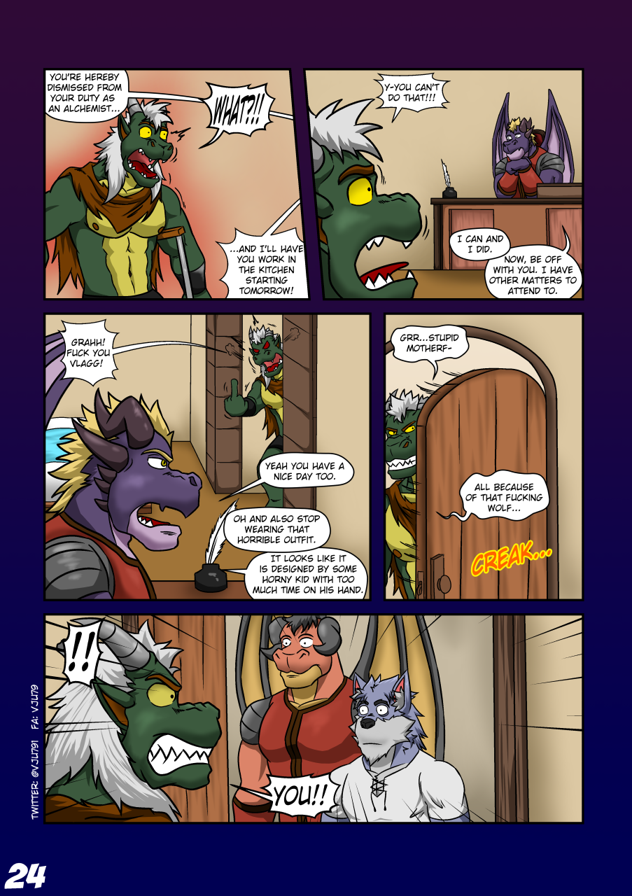! angry anthro armor awkward_moment black_hair blonde_hair bob_(vju79) bracers broken_horn canid canine canis clenched_teeth clothing comic crutch desk dialogue door dragon elbows_on_desk english_text escorting eye_contact fur furniture gervic_(vju79) gesture giving_orders green_body green_scales grey_body grey_fur group hair herinn_(vju79) hi_res horn imminent_fight inkwell leather_cuffs leaving looking_at_another loose_feather male mammal medical_instrument membrane_(anatomy) membranous_wings middle_finger multicolored_body muscular muscular_anthro muscular_male pauldron profanity purple_body purple_scales quill red_armor scales scalie scientific_instrument scolding serious shirt shocked sitting surprise tan_body tan_scales teeth text topwear torn_cape two_tone_body vju79 vlagg_(vju79) white_clothing white_hair white_shirt white_topwear wide_eyed wingless_dragon wings wolf yellow_eyes yellow_sclera