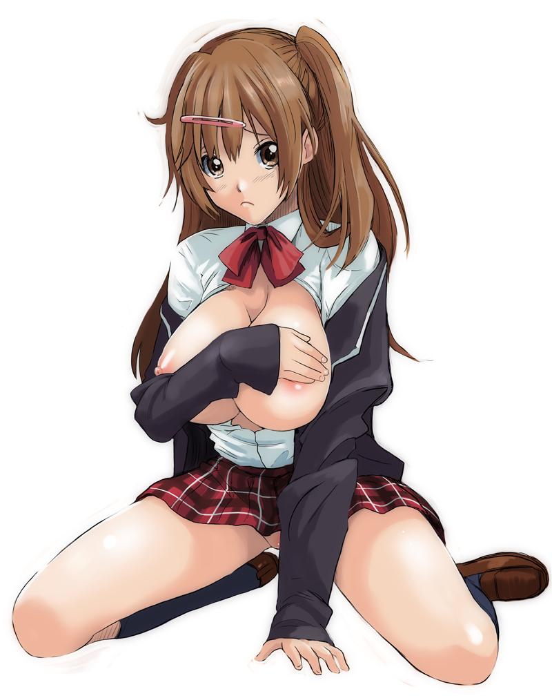 1girl areolae black_legwear bow bowtie breasts brown_eyes brown_footwear brown_hair chuunibyou_demo_koi_ga_shitai! closed_mouth covering covering_one_breast dress_shirt frown full_body hair_ornament hairclip kneehighs kneeling large_breasts loafers long_hair looking_at_viewer miniskirt nibutani_shinka nipples no_panties open_clothes open_shirt partially_unbuttoned plaid plaid_skirt pleated_skirt red_bow red_neckwear red_skirt ryouzou shiny shiny_hair shirt shoes side_ponytail simple_background skirt sleeves_past_wrists solo white_background white_shirt