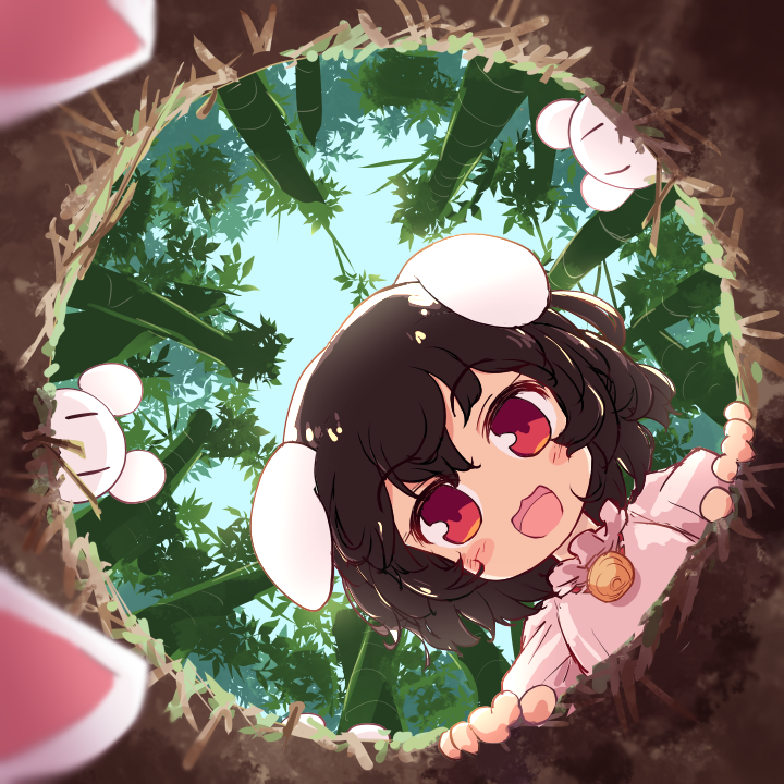 1girl animal_ears bamboo bamboo_forest blush_stickers brown_hair bunny bunny_ears carrot_necklace day floppy_ears forest inaba inaba_tewi isu_(is88) looking_at_viewer nature open_mouth outdoors pink_shirt pitfall red_eyes reisen_udongein_inaba shirt short_hair smile solo_focus touhou