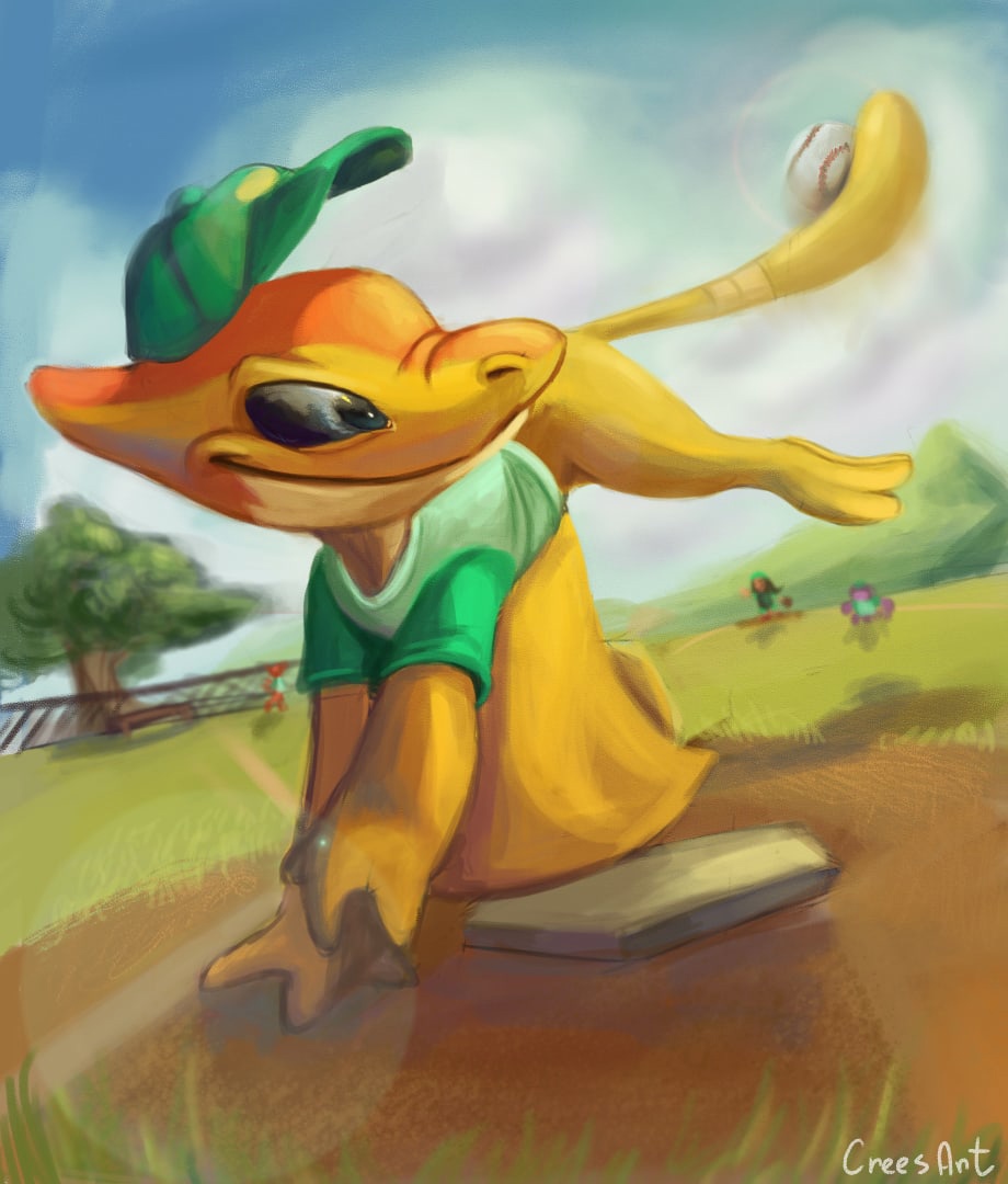 2020 2_toes alien ball baseball_(ball) baseball_(disambiguation) baseball_cap baseball_field baseball_uniform batting bottomless clothed clothing crees_art day disney experiment_(lilo_and_stitch) feet green_clothing green_hat green_headwear group hat headgear headwear kixx lilo_and_stitch lilo_pelekai motion_blur mountain no_sclera outside plant signature slugger_(lilo_and_stitch) smile solo_focus sportswear toes tree uniform wings yang_(lilo_and_stitch) yellow_body