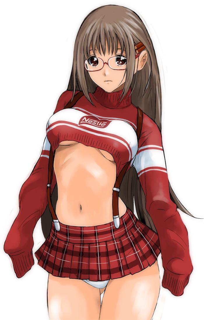 1girl ass_visible_through_thighs bangs breasts brown_eyes brown_hair closed_mouth copyright_request cowboy_shot crop_top glasses hair_between_eyes long_hair long_sleeves looking_at_viewer medium_breasts microskirt midriff miniskirt navel nestle panties plaid plaid_skirt pleated_skirt red-framed_eyewear red_skirt red_sweater ryouzou shiny shiny_hair simple_background skirt sleeves_past_fingers sleeves_past_wrists solo standing stomach straight_hair suspender_skirt suspenders sweater thigh_gap underboob underwear very_long_hair white_background white_panties
