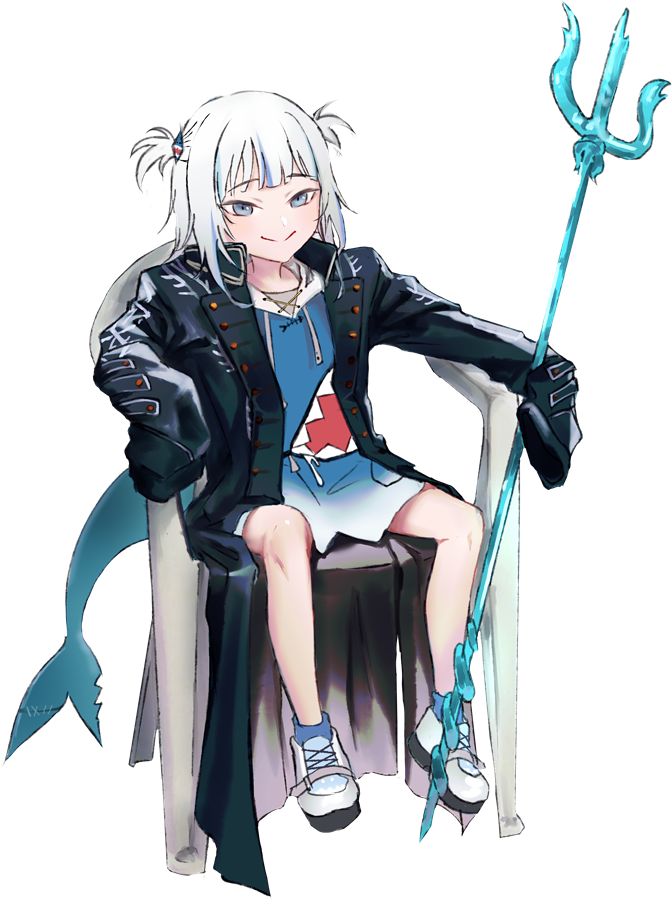 1girl bangs bare_legs black_coat blue_hair blue_hoodie coat commentary cosplay devil_may_cry devil_may_cry_5 english_commentary eyebrows_visible_through_hair fish_tail full_body gawr_gura gold_trim hair_ornament holding holding_weapon hololive hololive_english hood hoodie long_sleeves meme mr.holmes multicolored_hair open_clothes open_coat oversized_clothes parody polearm shark_hair_ornament shark_tail shoes silver_hair sitting sleeves_past_fingers sleeves_past_wrists smile solo streaked_hair tail transparent_background trident two_side_up vergil vergil_(cosplay) virtual_youtuber weapon white_footwear