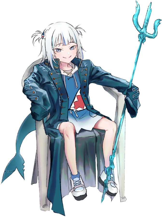 1girl bangs bare_legs blue_coat blue_hair blue_hoodie coat commentary cosplay devil_may_cry devil_may_cry_5 english_commentary eyebrows_visible_through_hair fish_tail full_body gawr_gura gold_trim hair_ornament holding holding_weapon hololive hololive_english hood hoodie long_sleeves meme mr.holmes multicolored_hair open_clothes open_coat oversized_clothes parody polearm shark_hair_ornament shark_tail shoes silver_hair sitting sleeves_past_fingers sleeves_past_wrists smile solo streaked_hair tail transparent_background trident two_side_up vergil vergil_(cosplay) virtual_youtuber weapon white_footwear