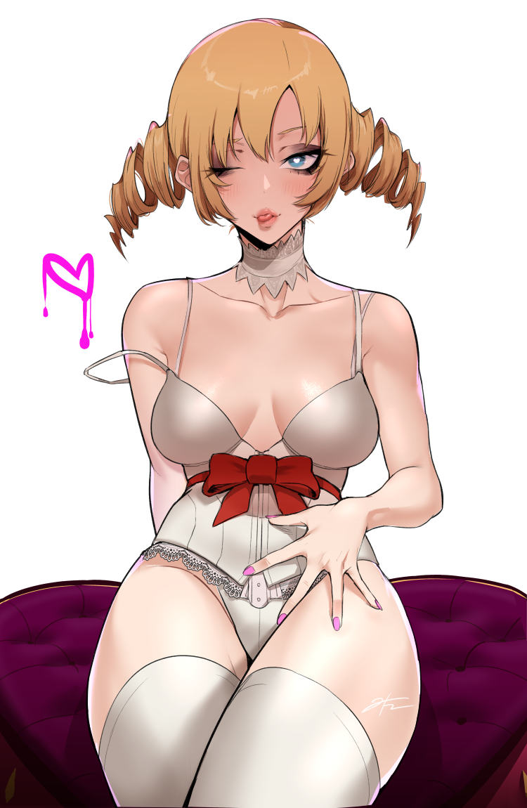 1girl blonde_hair blue_eyes breasts catherine catherine_(game) choker collarbone drill_hair heart heart-shaped_pupils j.k. lace lace_choker large_breasts leotard one_eye_closed sitting solo symbol-shaped_pupils thighhighs twin_drills waist_bow white_legwear white_leotard