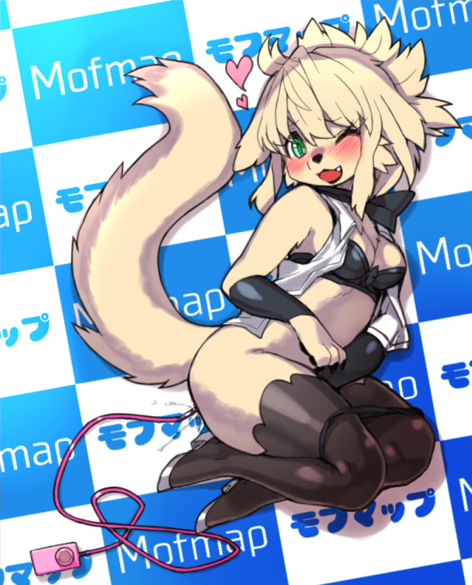 1girl :3 animal_ears arm_warmers bangs bare_shoulders between_legs black_footwear black_neckwear black_panties black_shirt blonde_hair blush body_fur boots breasts claws cleavage collared_vest commentary_request controller crop_top dog_ears dog_girl dog_tail english_text eyebrows_visible_through_hair fang from_above full_body furry green_eyes hand_between_legs happy heart high_heels legs_together looking_down lying masturbation medium_breasts nose_blush on_side one_eye_closed open_clothes open_mouth open_vest original panties panty_pull partial_commentary pawpads paws pussy_juice remote_control remote_control_vibrator sex_toy shiny shiny_clothes shirt short_hair sidelocks smile sofmap sofmap_background solo step_and_repeat tail thick_thighs thigh_boots thighhighs thighs underwear vest vibrator vibrator_cord white_vest wince wkar yellow_fur