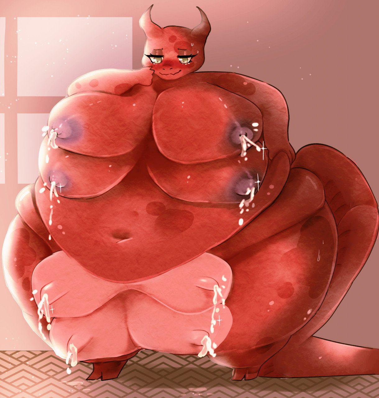 2_toes 4_breasts anthro belly big_belly big_breasts blue_nipples bodily_fluids bovid bovine breasts cattle feet hand_on_side happy hi_res hybrid hyper hyper_belly kobold kowbold lactating leaking male mammal morbidly_obese morbidly_obese_anthro morbidly_obese_male multi_breast navel nervous_smile nipples obese obese_anthro obese_male overweight overweight_anthro overweight_male red_body red_scales scales solo spots sweat teats thick_thighs toes udders zed_(scales)