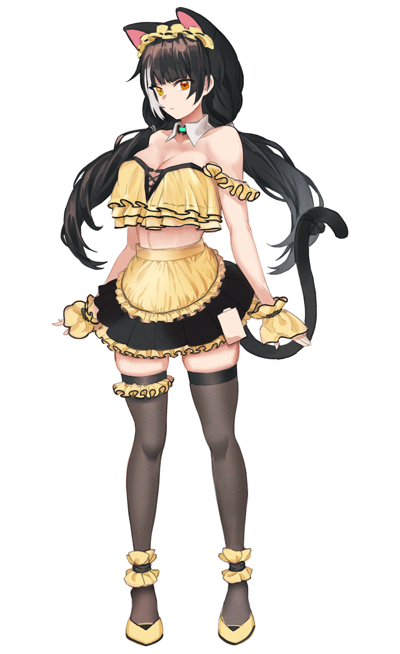1girl alternate_costume animal_ears apron black_hair black_legwear black_skirt breasts cat_ears cat_tail dano detached_collar enmaided frilled_apron frills full_body girls_frontline heterochromia highres large_breasts low_twintails maid maid_apron maid_headdress midriff miniskirt multicolored_hair pleated_skirt red_eyes ro635_(girls_frontline) skirt solo standing streaked_hair tail thighhighs twintails waist_apron white_hair yellow_apron yellow_eyes