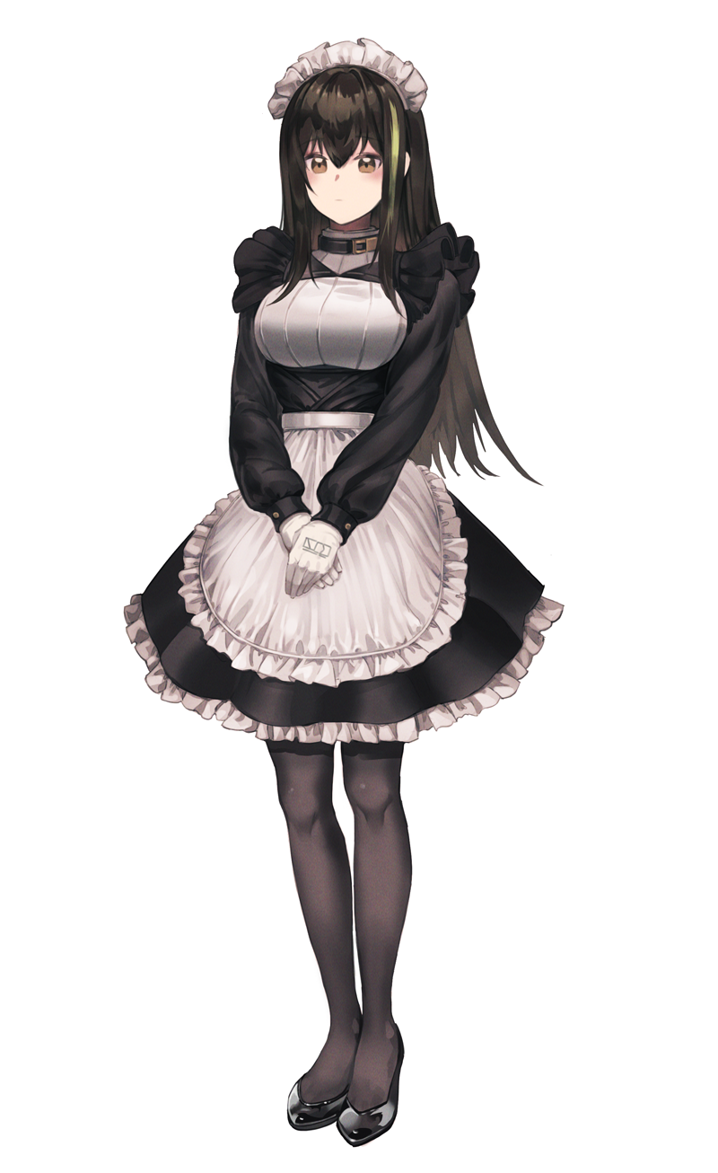 1girl alternate_costume apron black_dress black_eyes black_hair black_legwear breasts dano dress enmaided frilled_apron frills full_body girls_frontline gloves green_hair highres large_breasts long_hair long_sleeves m4a1_(girls_frontline) maid maid_apron maid_headdress multicolored_hair pantyhose short_dress solo standing streaked_hair waist_apron white_apron white_gloves