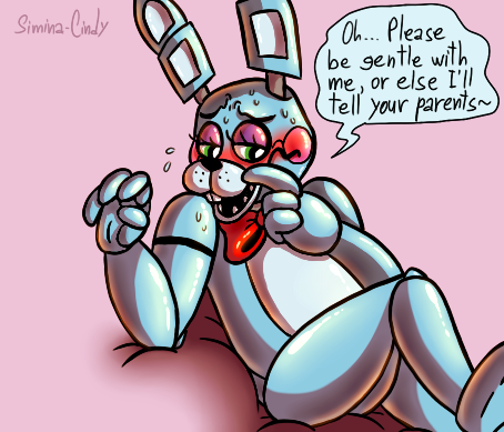 animatronic anthro blue_body blush bodily_fluids bow_tie buckteeth dialogue english_text five_nights_at_freddy's five_nights_at_freddy's_2 freckles girly green_eyes lagomorph leporid looking_away low_res machine male mammal open_mouth rabbit red_cheeks robot simina-cindy solo speech_bubble sweat talking_to_viewer teeth text toy_bonnie_(fnaf) video_games