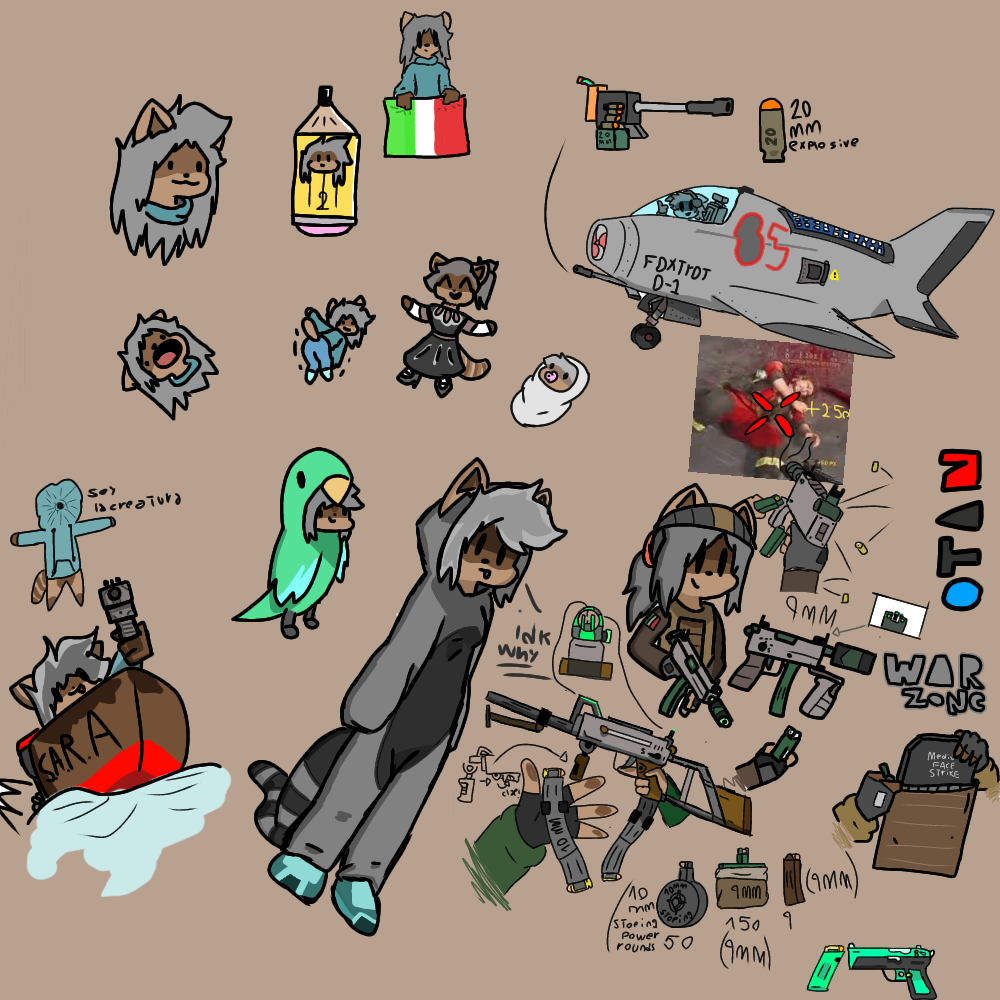 aircraft airplane anthro armor baby black_eyes black_nose boat brown_body brown_fur brown_tail bullet bulletproof_vest butt clothed clothing corpse costume dancing death eva_the_raccoon female flag fur gesture grey_hair group gun hair hands hat headgear headwear helmet holding_gun holding_object holding_weapon italy kevthefox looking_at_viewer magazine_(gun) mammal military_cap military_clothing military_helmet open_mouth plate_armor pointing pointing_at_viewer ponytail procyonid raccoon ranged_weapon reloading shaded shell_(projectile) simple_background simple_eyes simple_shading smile text thumbs_up tongue tongue_out vehicle warzone watercraft weapon young