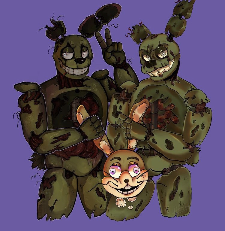 2020 animatronic anthro buckteeth closed_smile collaboration decapitation derp_eyes digital_drawing_(artwork) digital_media_(artwork) five_nights_at_freddy's five_nights_at_freddy's_3 five_nights_at_freddy's_vr:help_wanted gesture glitchtrap green_body grey_eyes group guts intestines lagomorph leporid looking_at_viewer looking_away machine male mammal mechanical_jaws open_mouth organs purple_eyes rabbit robot scut_tail smile springtrap_(fnaf) square_crossover stitch_(sewing) stuffing tan_body teeth v_sign video_games whiskers