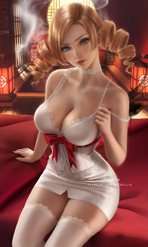 1girl bra breasts catherine catherine_(game) cleavage clothes_pull collar corset drill_hair lace-trimmed_bra lace_trim lingerie looking_at_viewer parted_lips red_ribbon ribbon shirt_pull sitting skirt underwear white_corset white_legwear white_skirt wickellia