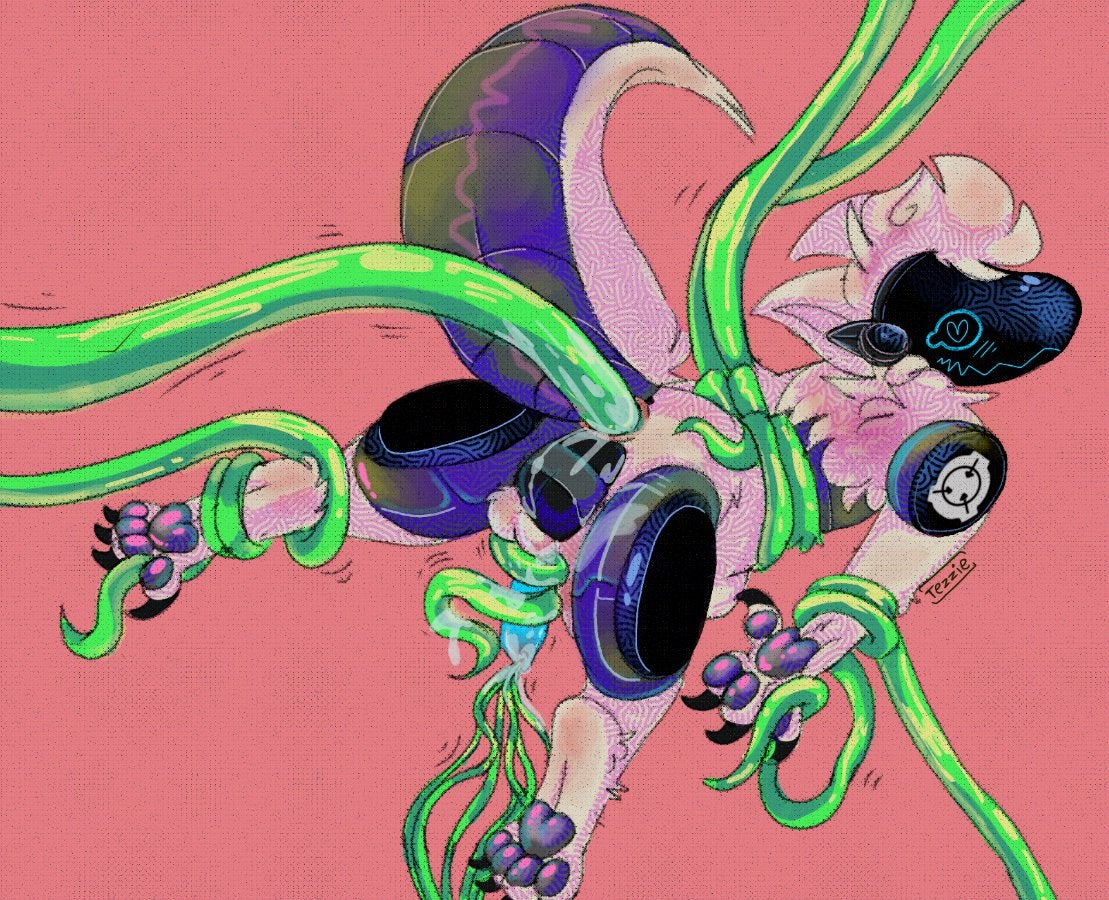 &lt;3 &lt;3_eyes anthro bodily_fluids cum fruvoolie genital_fluids genitals machine male nude penetration penis protogen solo tentacle_penetration tentacle_sex tentaclejob tentacles