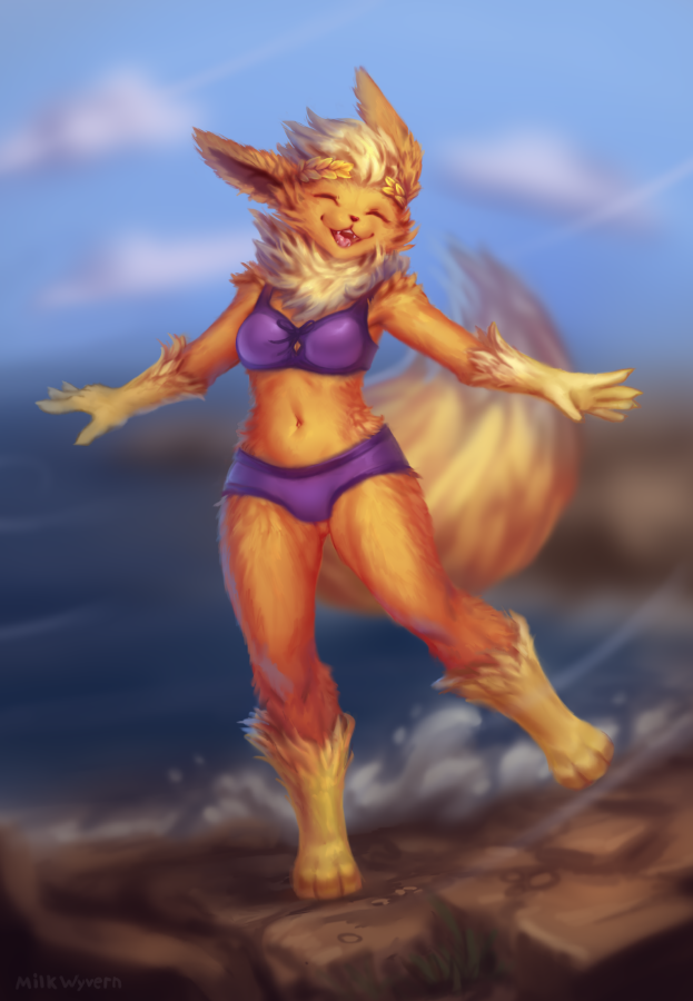 2021 anthro clothed clothing cloud day detailed_background eeveelution eyes_closed female flareon fur light lighting midriff milkwyvern navel nintendo open_mouth open_smile orange_body orange_fur outside pok&eacute;mon pok&eacute;mon_(species) shaded signature smile solo swimwear video_games water