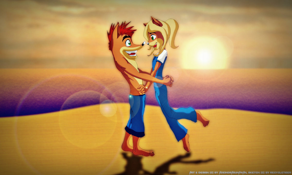 5_fingers activision anthro bandicoot beach black_nose bottomwear brother brother_and_sister clothed clothing coco_bandicoot compression_artifacts crash_bandicoot crash_bandicoot_(series) duo eyebrows female fingers flat_chested fur green_eyes hair hand_on_hip humanoid male male/female mammal marsupial melancholysanctuary multicolored_body multicolored_fur orange_body orange_fur overalls pants sea seaside shirt sibling sister sun sunset tan_body tan_fur topwear two_tone_body two_tone_fur video_games water white_clothing white_shirt white_topwear