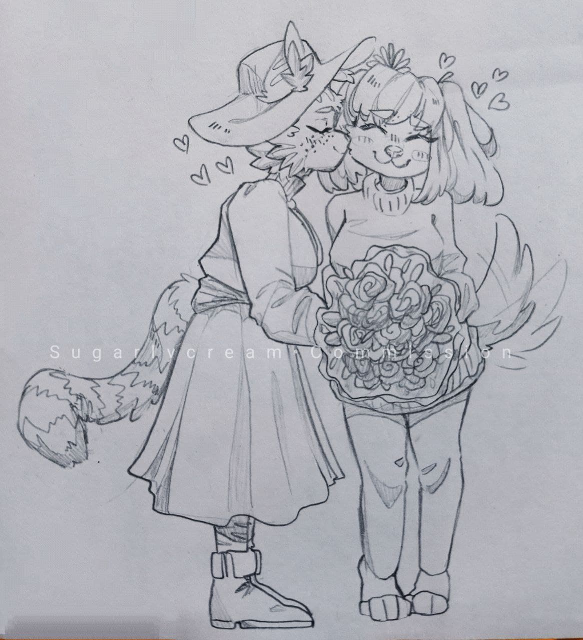 &lt;3 2021 anthro black_and_white blush blushing_profusely boots bottomwear bouquet bouquet_of_flowers canid canine canis clothed clothing cute_expression cute_face domestic_cat domestic_dog dress duo felid feline felis female female/female flower footwear full-length_portrait fur hair happy hat headgear headwear hi_res itzurhyka_durtti_(character) kissing kissing_cheek legwear mammal monochrome pants plant portrait samy_(king_pangolin) simple_background sketch smile solo sugarlycream sweater tailwag topwear traditional_media_(artwork) watermark