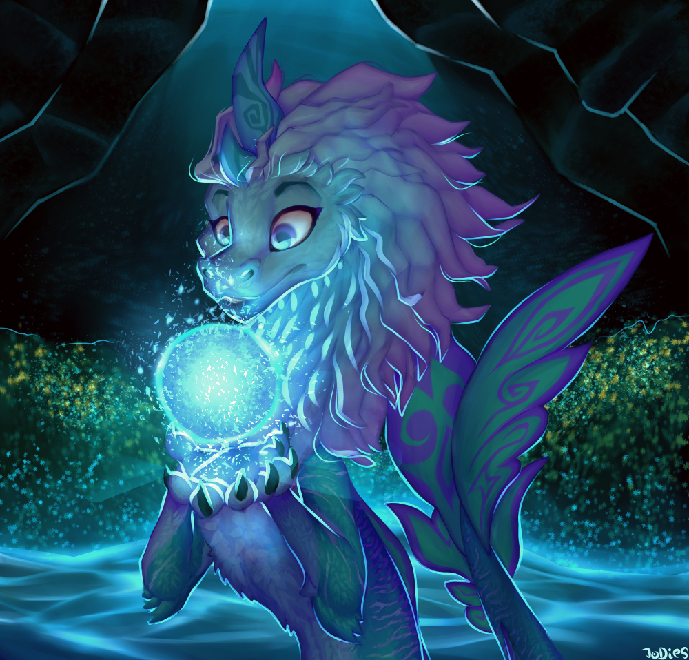 2_horns anthro aquatic_dragon asian_mythology barbel_(anatomy) blue_background blue_body blue_fur blue_gem blue_hair blue_light claws dragon east_asian_mythology eastern_dragon fangs female feral fin flesh_whiskers fur gem hair horn jodi_(artist) magic marine mythology plant purple_eyes purple_hair raya_and_the_last_dragon simple_background sisu_(ratld) solo stripes_(marking) teeth water