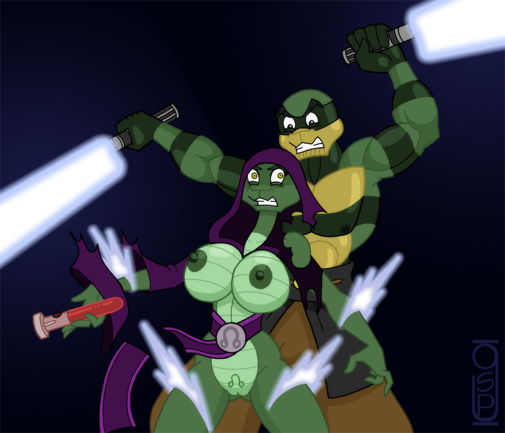 5_fingers anthro battle big_breasts breasts clothed clothing darth_viper duo female fingers genitals green_body greg_panovich hood lightsaber male melee_weapon nipples pussy reptile scalie simple_background skimpy snake star_wars torn_clothing viper watermark weapon