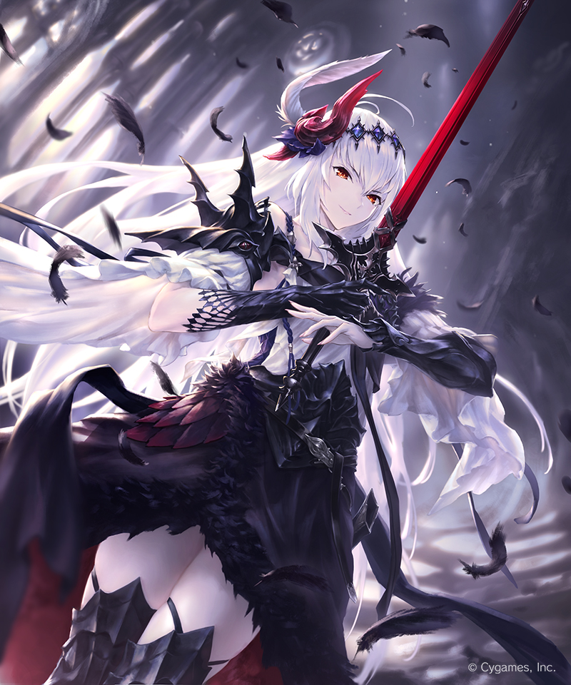 1girl armor bangs cygames dark_jeanne feathers hair_feathers hair_ornament hisakata_souji jeanne_d'arc_(granblue_fantasy) long_hair looking_at_viewer red_eyes shadowverse single_vambrace smile solo sword weapon white_hair