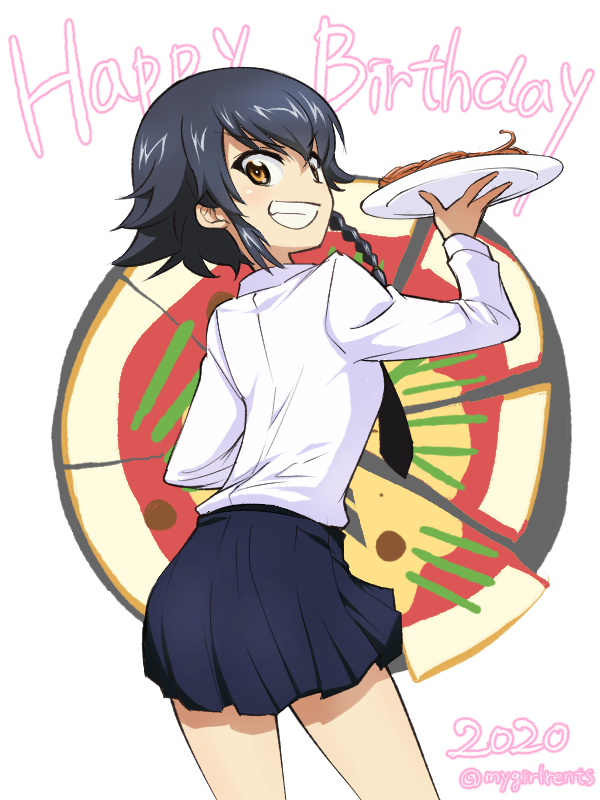 1girl 2020 aki_(makinoakira) anzio_(emblem) anzio_school_uniform bangs birthday black_hair black_skirt braid brown_eyes dress_shirt emblem english_text food from_behind girls_und_panzer grin happy_birthday holding holding_plate long_sleeves looking_at_viewer looking_back miniskirt pasta pepperoni_(girls_und_panzer) plate pleated_skirt school_uniform shirt short_hair side_braid skirt smile solo standing twitter_username white_background white_shirt