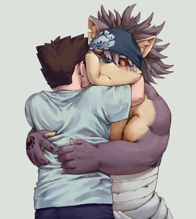 anthro bandaid_protagonist_(tas) bandanna canid canine canis chp domestic_dog duo hug human human_on_anthro interspecies kerchief male male/male mammal musclegut shino_(housamo) shirtless thick_arms tokyo_afterschool_summoners video_games
