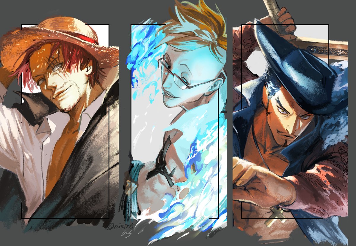 3boys artist_name beard black_coat black_eyes black_hair black_headwear blonde_hair blue_fire chest_tattoo closed_mouth coat collared_shirt commentary_request cross cross_necklace dracule_mihawk facial_hair fingernails fire glasses grey_eyes hand_on_headwear hat holding holding_weapon jewelry latin_cross looking_at_viewer looking_away looking_to_the_side male_focus marco multiple_boys mustache necklace nisir0 one_piece open_clothes open_shirt outside_border over-rim_eyewear plume red_hair scar scar_across_eye semi-rimless_eyewear shanks shirt short_hair smile straw_hat tattoo twitter_username upper_body weapon white_shirt yellow_eyes