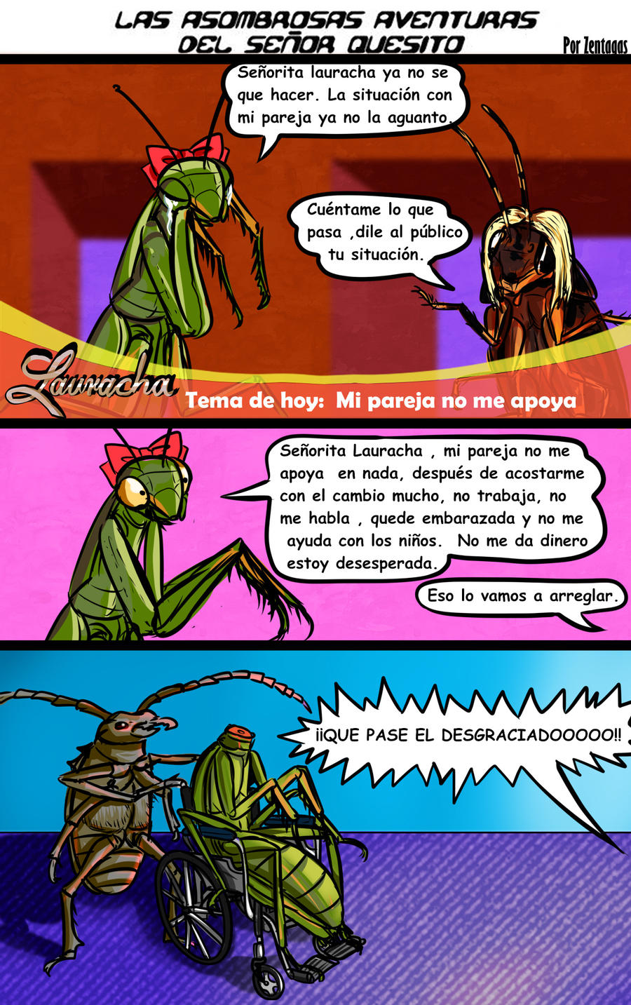 accessory anthro arthropod blonde_hair comic decapitation dialogue female group hair hair_accessory hair_bow hair_ribbon hi_res humor insect male mantis ribbons spanish_text text translation_request wheelchair zentagas