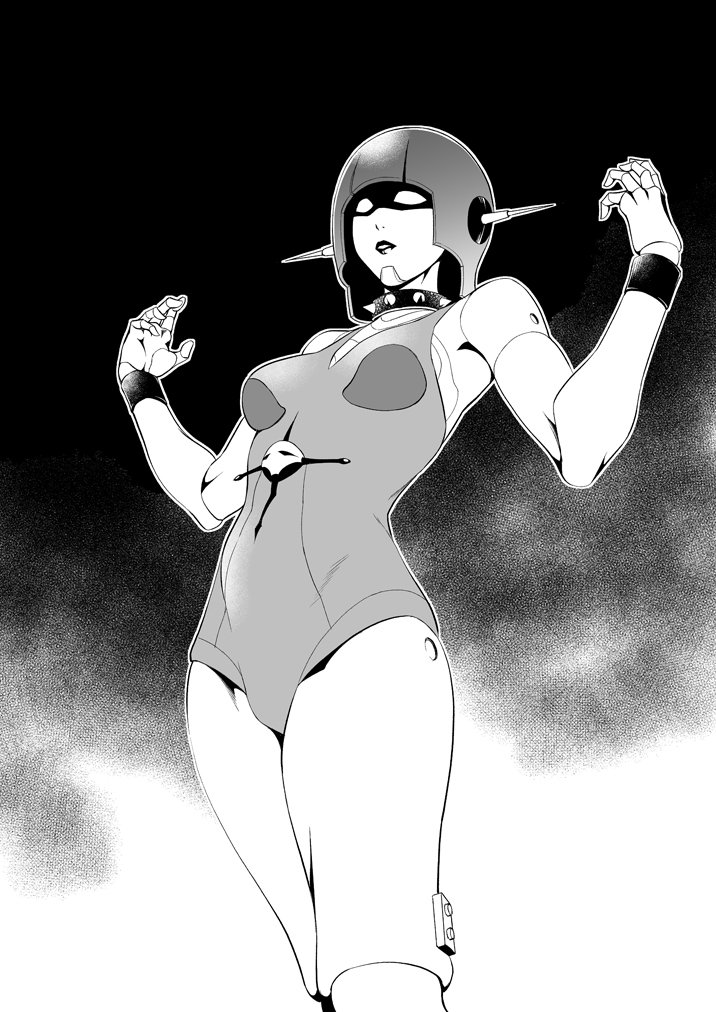 1girl aoki_kanji breasts collar commentary_request greyscale helmet joints leotard mannakka medium_breasts monochrome ougon_senshi_gold_lightan parted_lips robot robot_joints solo spiked_collar spikes wristband
